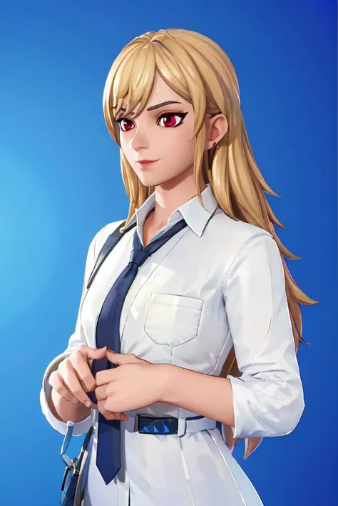 masterpiece, best quality, highres, <lora:FortSketcherAlpha:0.7>, caustics, (blue background), (glossy:0.56), (artstation:0.81), unreal engine, fortnite, detailed face, detailed eyes, from front, looking at viewer, cowboy shot,
<lora:MarinKitagawaV12a:0.5> 1girl, Marin Kitagawa, school outfit, white shirt, necktie, blonde, red eyes, long hair,