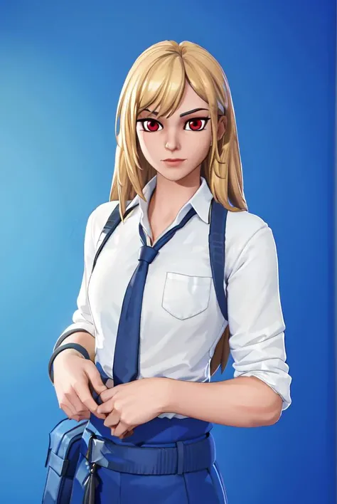 masterpiece, best quality, highres, <lora:FortSketcherAlpha:0.7>, caustics, (blue background), (glossy:0.56), (artstation:0.81), unreal engine, fortnite, detailed face, detailed eyes, from front, looking at viewer, cowboy shot,
<lora:MarinKitagawaV12a:0.5> Marin Kitagawa, school outfit, white shirt, necktie, blonde, red eyes, long hair,