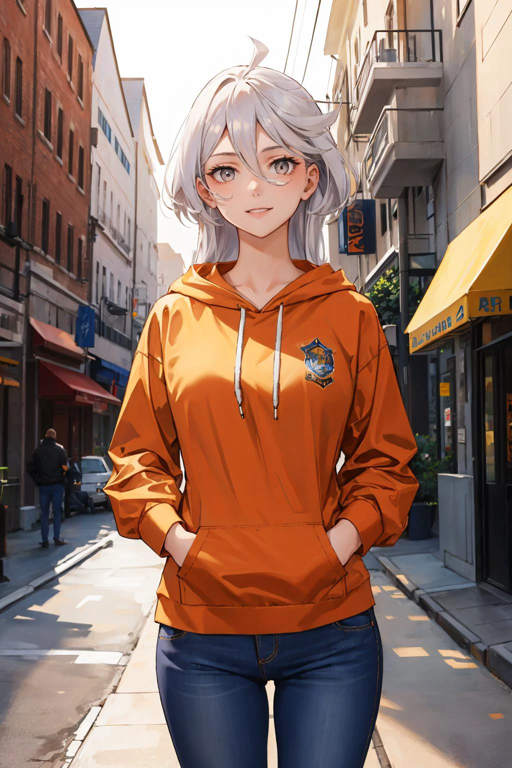 masterpiece, best quality, <lora:miorine-nvwls-v1:0.8> miorine rembran, long hair, orange hoodie, jeans, cowboy shot, standing, street, looking at viewer, smile