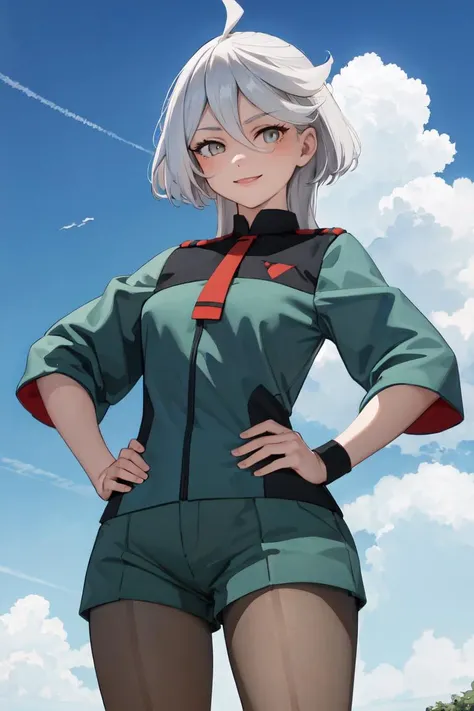 masterpiece, best quality, absurdres, perfect anatomy, 1girl, solo, miorine rembran, defmiorine, long hair, green jacket, red necktie, green shorts, pantyhose, hands on hips, cowboy shot, from below, sky, clouds, smile, <lora:miorine-nvwls-v1:1>