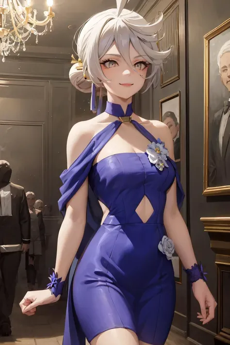 masterpiece, best quality, absurdres, perfect anatomy, 1girl, solo, miorine rembran, dressmiorine, hair bun, detached collar, halterneck, criss-cross halter, blue dress, cowboy shot, mansion, chandelier, elegant, arms at sides, smile, <lora:miorine-nvwls-v1:1>