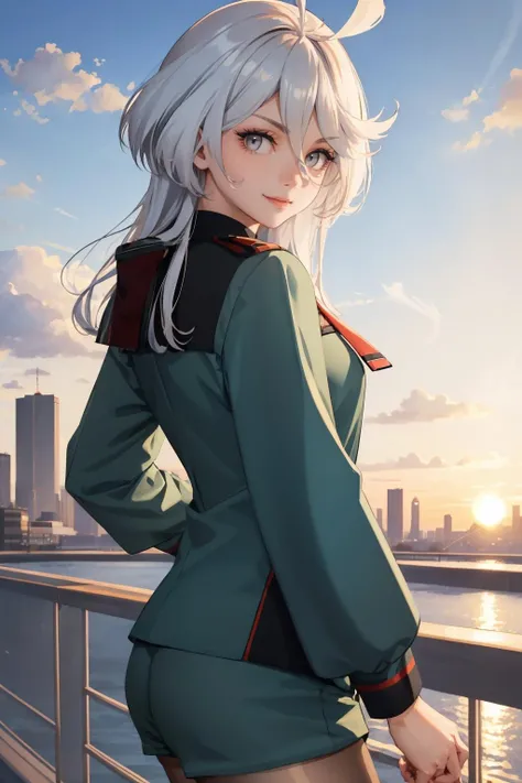 masterpiece, best quality, <lora:miorine-nvwls-v1:1> miorine rembran, defmiorine, long hair, green jacket, red necktie, green shorts, pantyhose, cowboy shot, from side, looking at viewer, surprised, smile, raised eyebrows, sky, sunset, city skyline