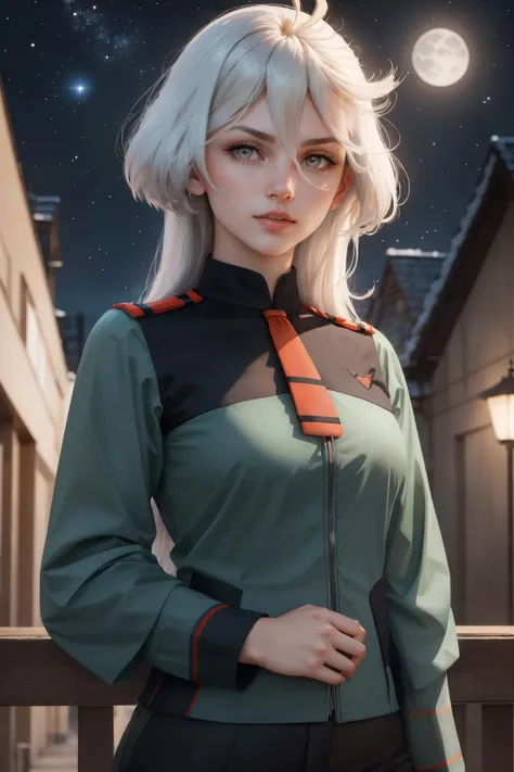 masterpiece, best quality,  <lora:miorine-nvwls-v1:1> miorine rembran, defmiorine, long hair, green jacket, red necktie, green shorts, upper body, portrait, looking at viewer, dynamic pose, sky, night sky, moon