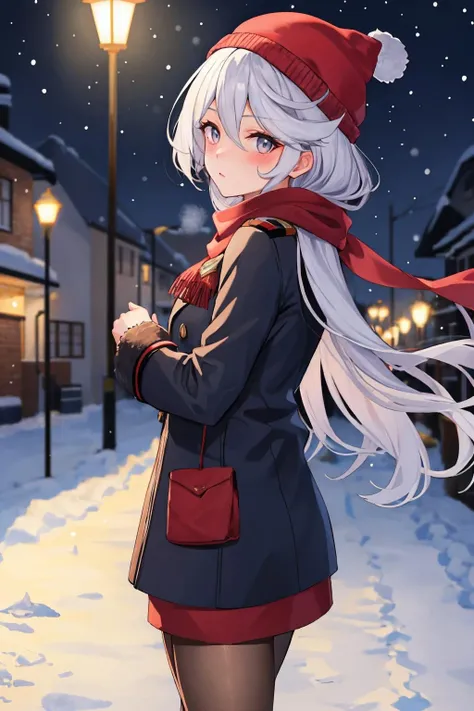 masterpiece, best quality,  <lora:miorine-nvwls-v1:0.8> miorine rembran, long hair, beanie, red scarf, peacoat, pantyhose, fur boots, from side, night, snow, winter, lamppost, looking at viewer, blushing