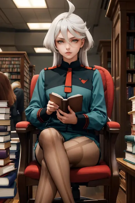 masterpiece, best quality, <lora:miorine-nvwls-v1:1> miorine rembran, defmiorine, long hair, green jacket, red necktie, green shorts, pantyhose, boots, sitting, crossed legs, chair, indoors, library, holding book