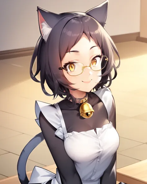 <lyco:Myarei-NAI-LyCORIS:0.7>
1girl, solo, fzbll, wearing (maid uniform, bell_choker, bow), sleeveless, body_fur, cat_ears, v_arms, glasses,  finely detailed yellow eyes, slit pupils, smile, indoors
