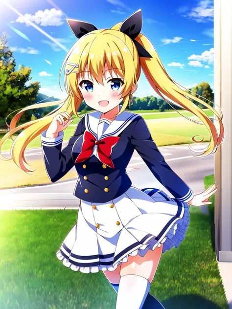 outside, windy, running, happy, sunny weather, smile, thighhighs, <lora:Kougami-Kanon:0.6> kougamikanon, blonde hair, twintails, hair ribbon, black ribbon, hair between eyes, musical note hair ornament, hairclip, long hair, blue eyes, white dress, sailor dress, frilled dress, sailor collar, red bowtie, long sleeves, school uniform,