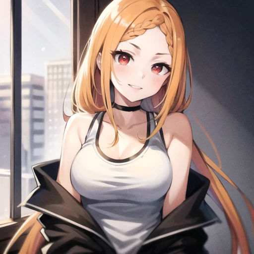 (masterpiece:1,2), best quality, masterpiece, highres, mature female ,1girl,solo , red eyes, orange hair , tank top, shorts , large breasts , braided bangs, parted bangs, very long hair, low-tied long hair ,<lora:priscillaBarielle_v10:0.35>