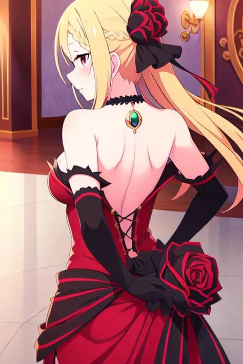 nsfw, Priscilla_Barielle, person, solo, from_behnd, back, ass, taut_dress, blonde_hair, red_eyes, red and black dress, green neklace, black and red hair_ornament, large_breasts, cleavage, bridal_gauntlets, facing_away, looking_away, <lora:Priscilla_Barielle:0.6>