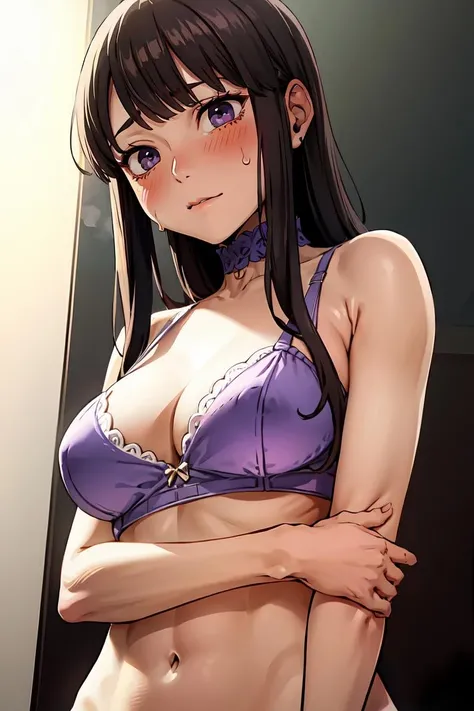 <lora:Silent_War-07:0.6> 1girl, solo,white bra, half-up half-down hairstyle, dark brown hair, swept bangs, straight hair, purple eyes,from below