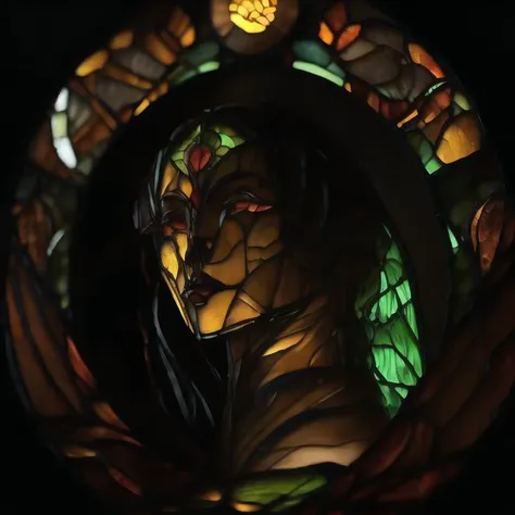 (dark, dimly lit, low key, shurima, stained glass:1.3), dramatic light, <lora:shurima-1:1>, a close up of a sculpture of a portrait of a woman in a pitch dark room