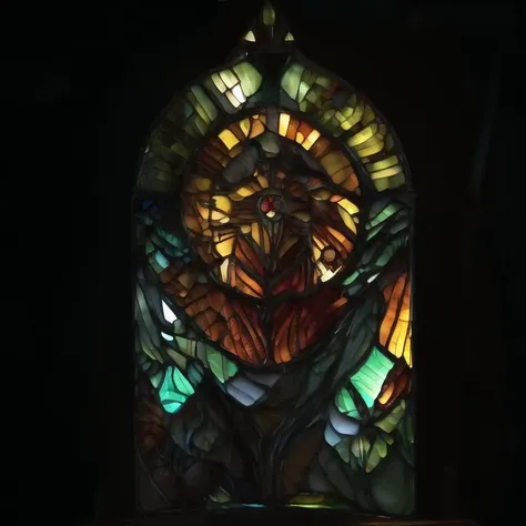 (dark, dimly lit, low key, shurima, stained glass:1.3), dramatic light, <lora:shurima-1:1.2>, a close up of a sculpture of a portrait of a woman in a pitch dark room