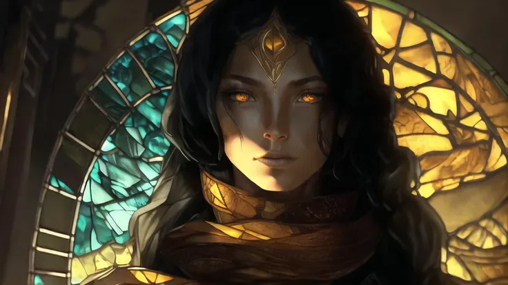 (dark, dimly lit, low key, stained glass, shurima, dramatic light:1.3), <lora:shurima-1:1>, girl, woman, long hair, desert, ruins, amber eyes, tanned skin, long flowing scarf, ancient glyphs, mysterious symbols, historical artifacts