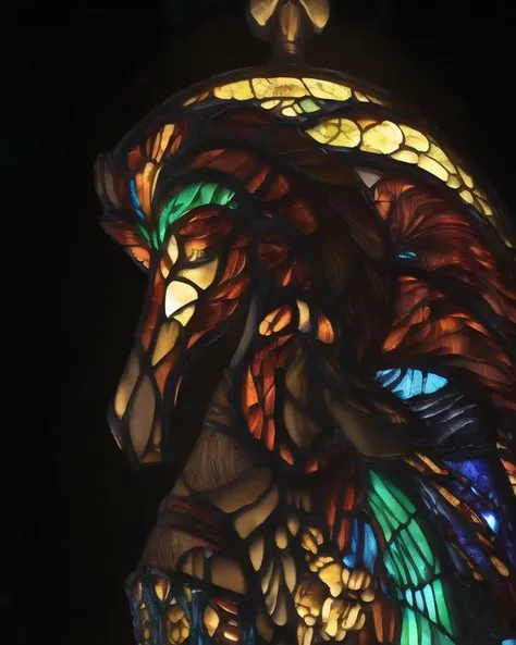 (dark, dimly lit, low key, stained glass, shurima, dramatic light:1.4), <lora:shurima-1:1>, close up statue of a woman riding on a horse