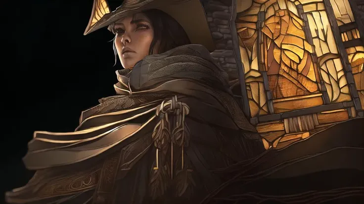 (dark, dimly lit, low key, stained glass, shurima, dramatic light:1.3), <lora:shurima-1:1>, girl, woman, long hair, desert, ruins, archaeology, exploration, adventure, young, curious, intelligent, braided hair, amber eyes, tanned skin, long flowing scarf, leather boots, explorer's hat, backpack, ancient glyphs, mysterious symbols, historical artifacts