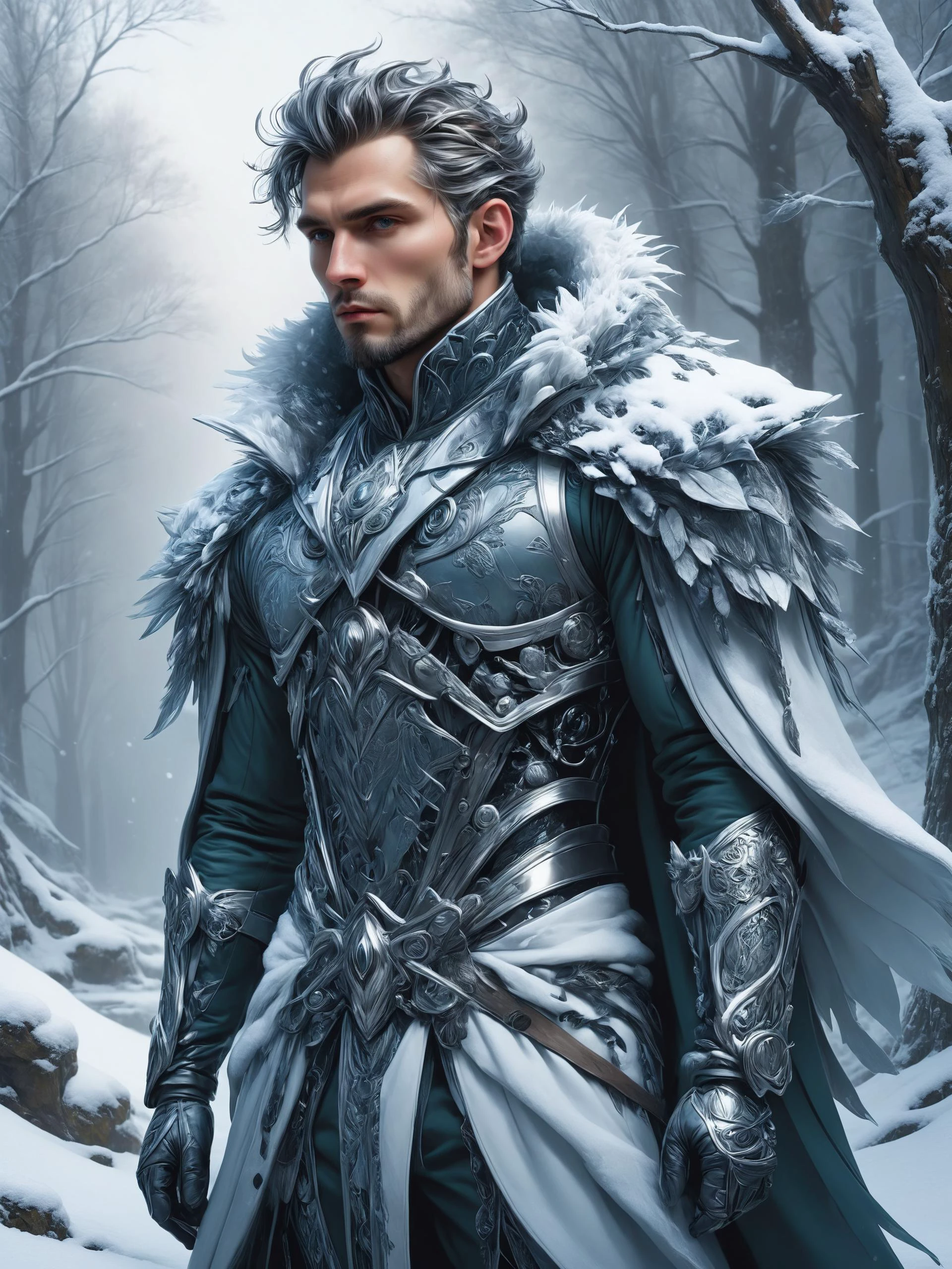 ais-rbts Man wearing an outrageous fashion outfit, Snow-covered forest with frozen stream in the background,,,, elegant, sharp focus, illustration, highly detailed, digital painting, concept art, matte, art by WLOP and Artgerm and Greg Rutkowski and Alphonse Mucha, masterpiece<lora:RBTS_STYLE:0.6> <lora:outrageous_fashion:0.6> <lora:xl_more_art-full_v1:0.4> <lora:MJ52:0.3> <lora:EnvyCreativeOutfitXL01:0.6> <lora:EnvyDynamicPoseXL01:0.7>