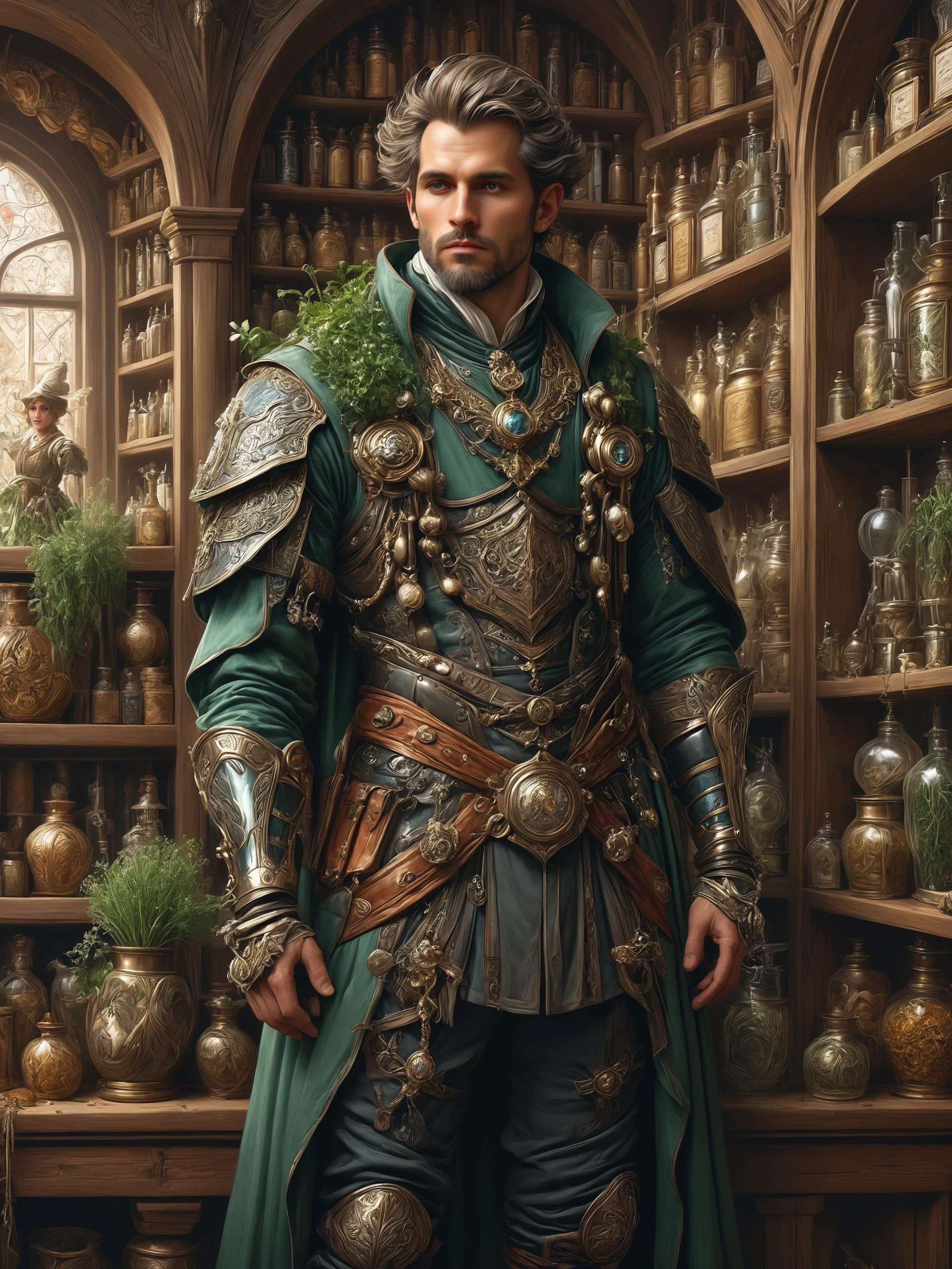 ais-rbts Man wearing an outrageous fashion outfit, Medieval apothecary with herb-filled shelves in the background,,,, intricate, elegant, highly detailed, digital painting, artstation, concept art, smooth, sharp focus, illustration, art by artgerm and greg rutkowski and alphonse mucha H 1024<lora:RBTS_STYLE:0.6> <lora:outrageous_fashion:0.6> <lora:xl_more_art-full_v1:0.4> <lora:MJ52:0.3> <lora:EnvyCreativeOutfitXL01:0.6> <lora:EnvyDynamicPoseXL01:0.7>