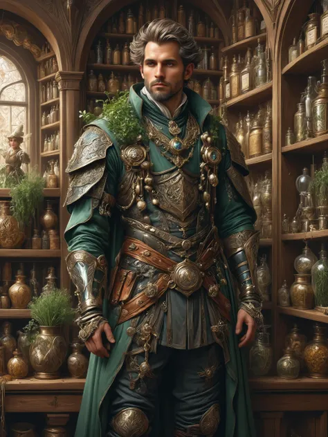 ais-rbts Man wearing an outrageous fashion outfit, Medieval apothecary with herb-filled shelves in the background,,,,  intricate, elegant, highly detailed, digital painting, artstation, concept art, smooth, sharp focus, illustration, art by artgerm and greg rutkowski and alphonse mucha H 1024<lora:RBTS_STYLE:0.6> <lora:outrageous_fashion:0.6> <lora:xl_more_art-full_v1:0.4> <lora:MJ52:0.3> <lora:EnvyCreativeOutfitXL01:0.6>  <lora:EnvyDynamicPoseXL01:0.7>