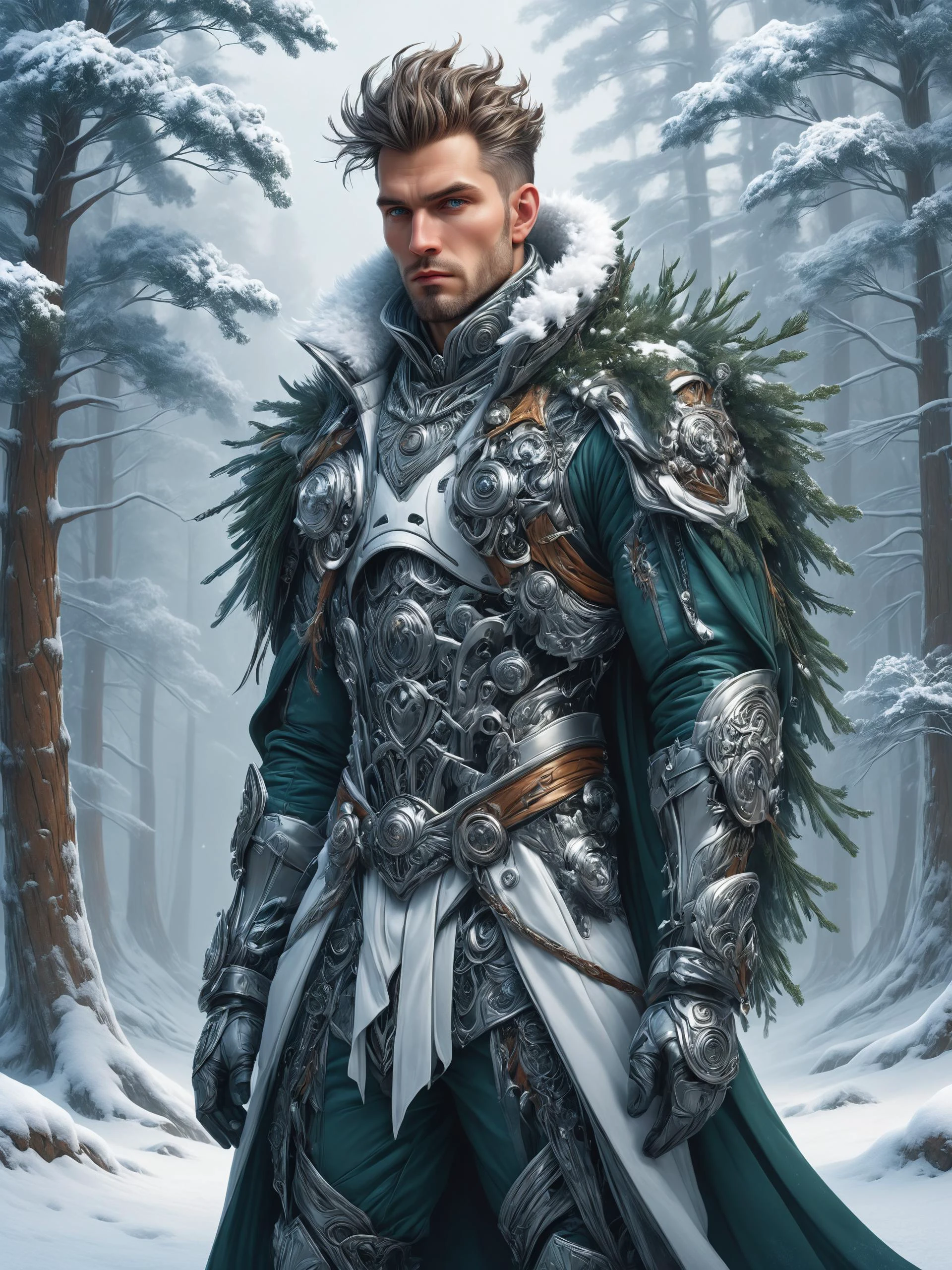 ais-rbts Man wearing an outrageous fashion outfit, Snow-covered pine forest in winter in the background,,,, intricate, elegant, highly detailed, digital painting, artstation, concept art, smooth, sharp focus, illustration, art by artgerm and greg rutkowski and alphonse mucha and loish and WLOP<lora:RBTS_STYLE:0.6> <lora:outrageous_fashion:0.6> <lora:xl_more_art-full_v1:0.4> <lora:MJ52:0.3> <lora:EnvyCreativeOutfitXL01:0.6> <lora:EnvyDynamicPoseXL01:0.7>