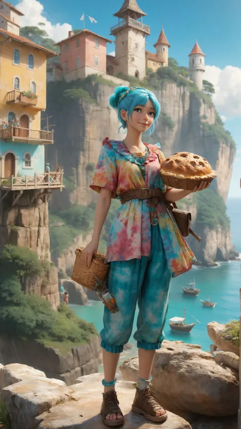 Baker holding freshly baked bread wearing a mad-tiedye outrageous fashion outfit, in the background A seaside village with pastel-colored houses, perched on a cliff overlooking a turquoise bay with fishing boats bobbing in the gentle waves ,  by Studio Ghibli, aldo, manga cover, by Greg Rutkowski, Craig Mullins, James Gene, solo, masterpiece, award-winning, trending on artstation, cinematic composition, concept art, hyper detailed <lora:Colorful_Tie-Dye_SDXL:0.7><lora:EnvyCreativeOutfitXL01:0.8> <lora:outrageous_fashion:0.8>