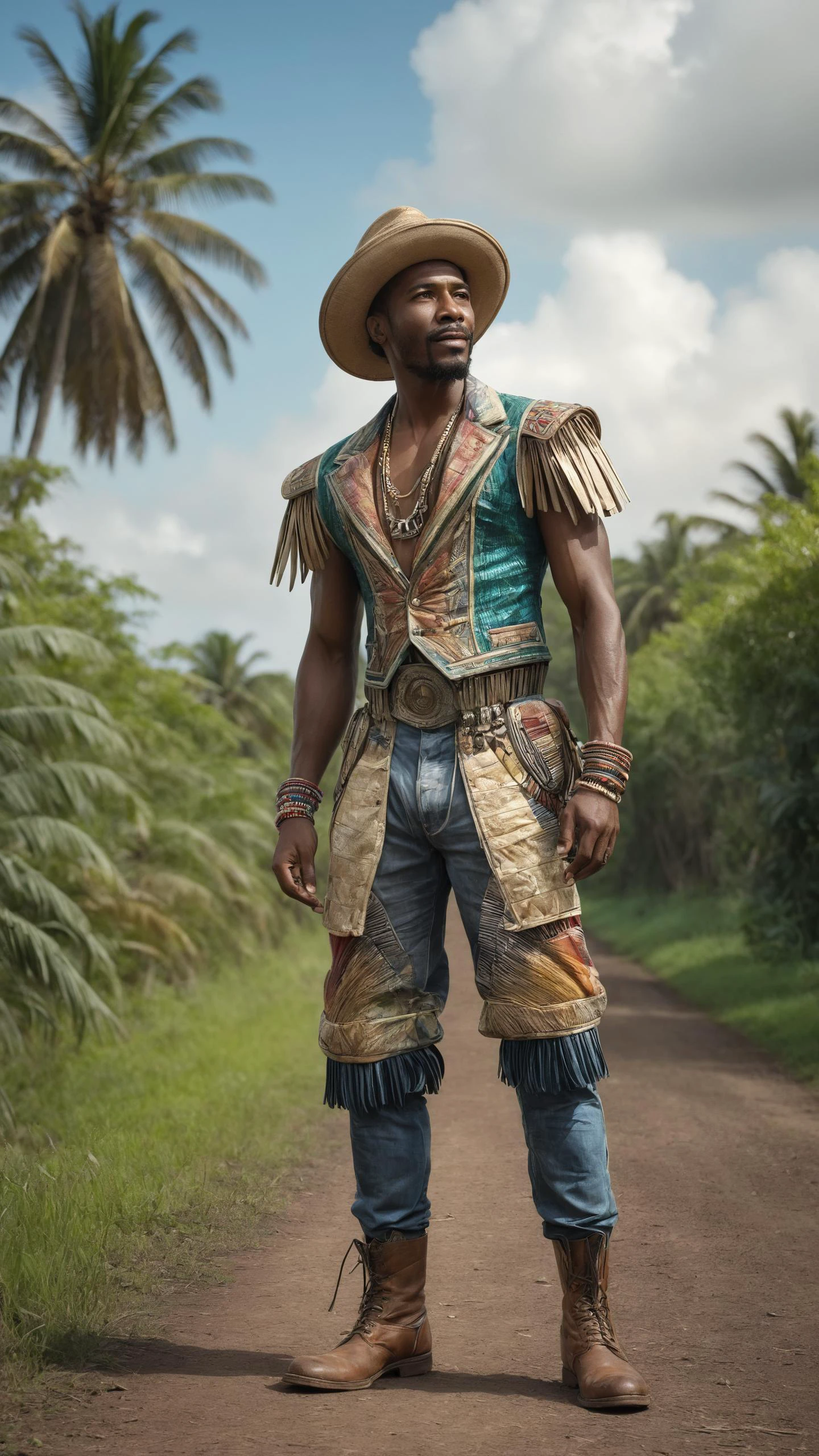 Street musician playing accordion wearing a <lora:Colorful_Maze_Pattern_SDXL:0.8> madmze outrageous fashion outfit, (Hand on hip, asserting stance), in the background A Caribbean plantation house amidst sugar cane fields, where the trade winds carry tales of a bygone era<lora:EnvyCreativeOutfitXL01:0.8> <lora:outrageous_fashion:0.8>, <lora:gorgoeus_splash_of_vibrant_paint:0.8> Gorgeous splash of vibrant paint,