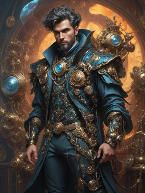 ais-rbts Man wearing an outrageous fashion outfit, Fantasy wizard's laboratory with mystical symbols in the background,,,,  elegant, highly detailed, digital painting, artstation, concept art, smooth, sharp focus, illustration, art by artgerm and greg rutkowski and alphonse mucha<lora:RBTS_STYLE:0.6> <lora:outrageous_fashion:0.6> <lora:xl_more_art-full_v1:0.4> <lora:MJ52:0.3> <lora:EnvyCreativeOutfitXL01:0.6>  <lora:EnvyDynamicPoseXL01:0.7>