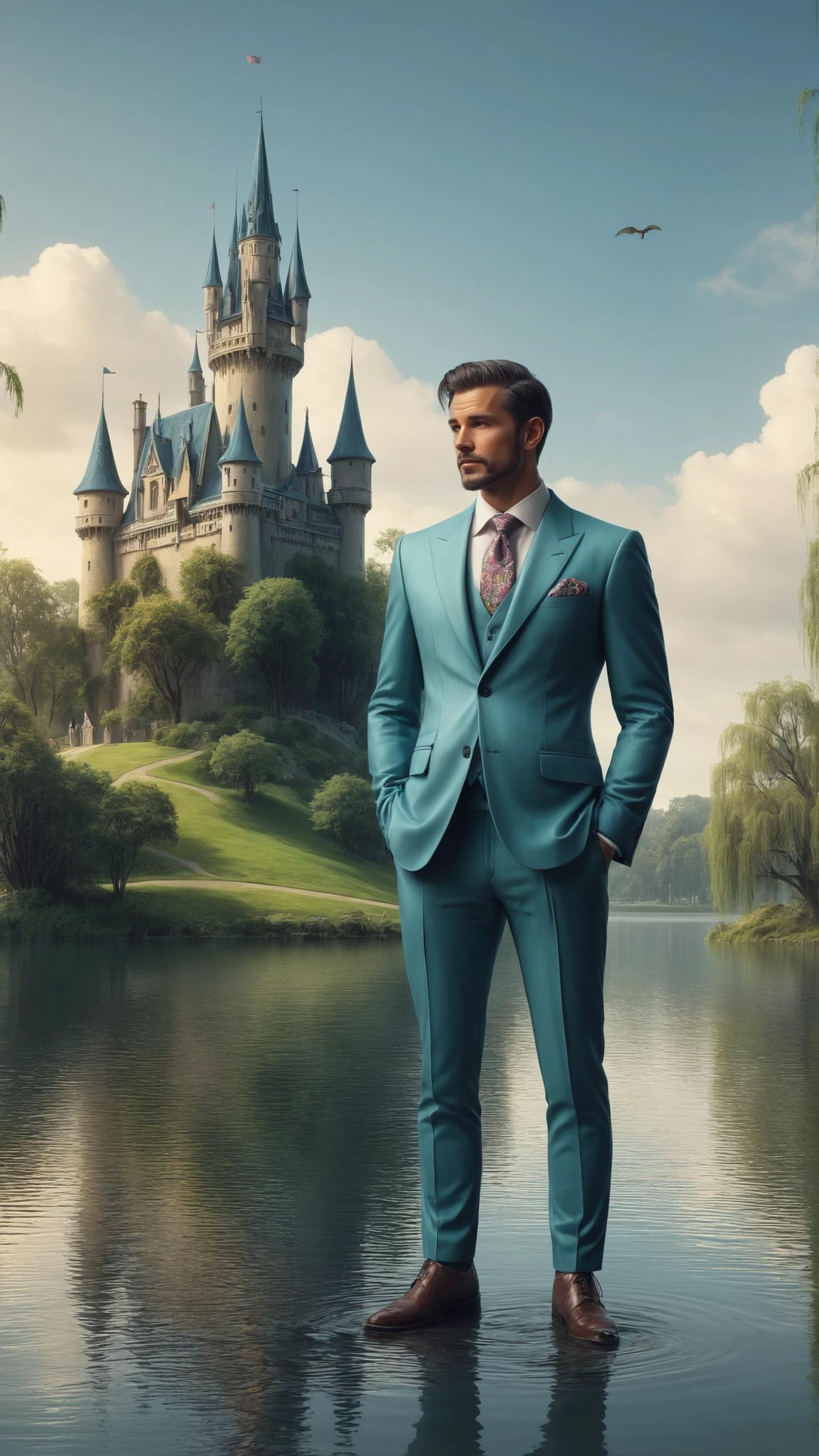 Well-to-do gentleman in tailored attire wearing a <lora:Colorful_Hexadons_SDXL:1> madhxg outrageous fashion outfit, (Checking phone, modern engagement), in the background A fairy-tale castle on an island in a serene lake, surrounded by weeping willows and the soft croak of frogs<lora:EnvyCreativeOutfitXL01:0.8> <lora:outrageous_fashion:0.8>, <lora:gorgoeus_splash_of_vibrant_paint:0.8> Gorgeous splash of vibrant paint,