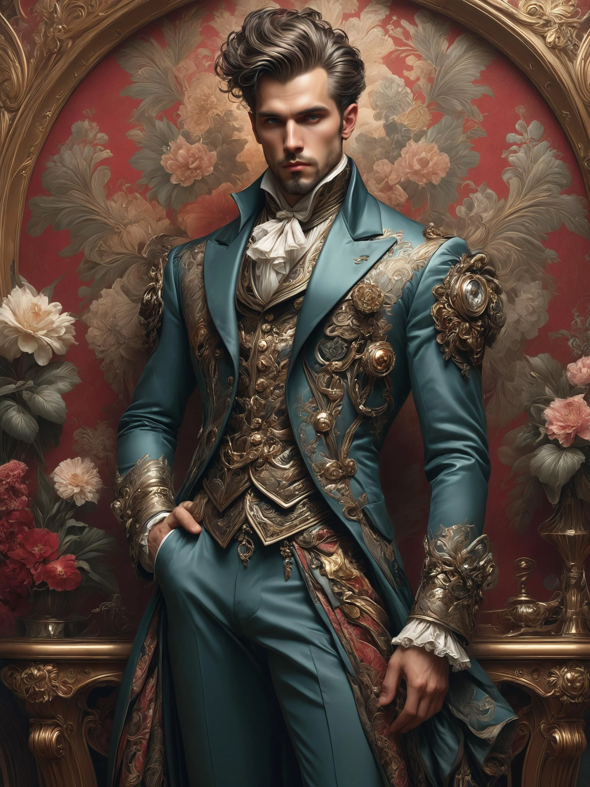 ais-rbts Man wearing an outrageous fashion outfit, Victorian parlor with intricate wallpaper in the background,,,, elegant, highly detailed, digital painting, artstation, concept art, smooth, sharp focus, illustration, art by artgerm and greg rutkowski and alphonse mucha<lora:RBTS_STYLE:0.6> <lora:outrageous_fashion:0.6> <lora:xl_more_art-full_v1:0.4> <lora:MJ52:0.3> <lora:EnvyCreativeOutfitXL01:0.6> <lora:EnvyDynamicPoseXL01:0.7>