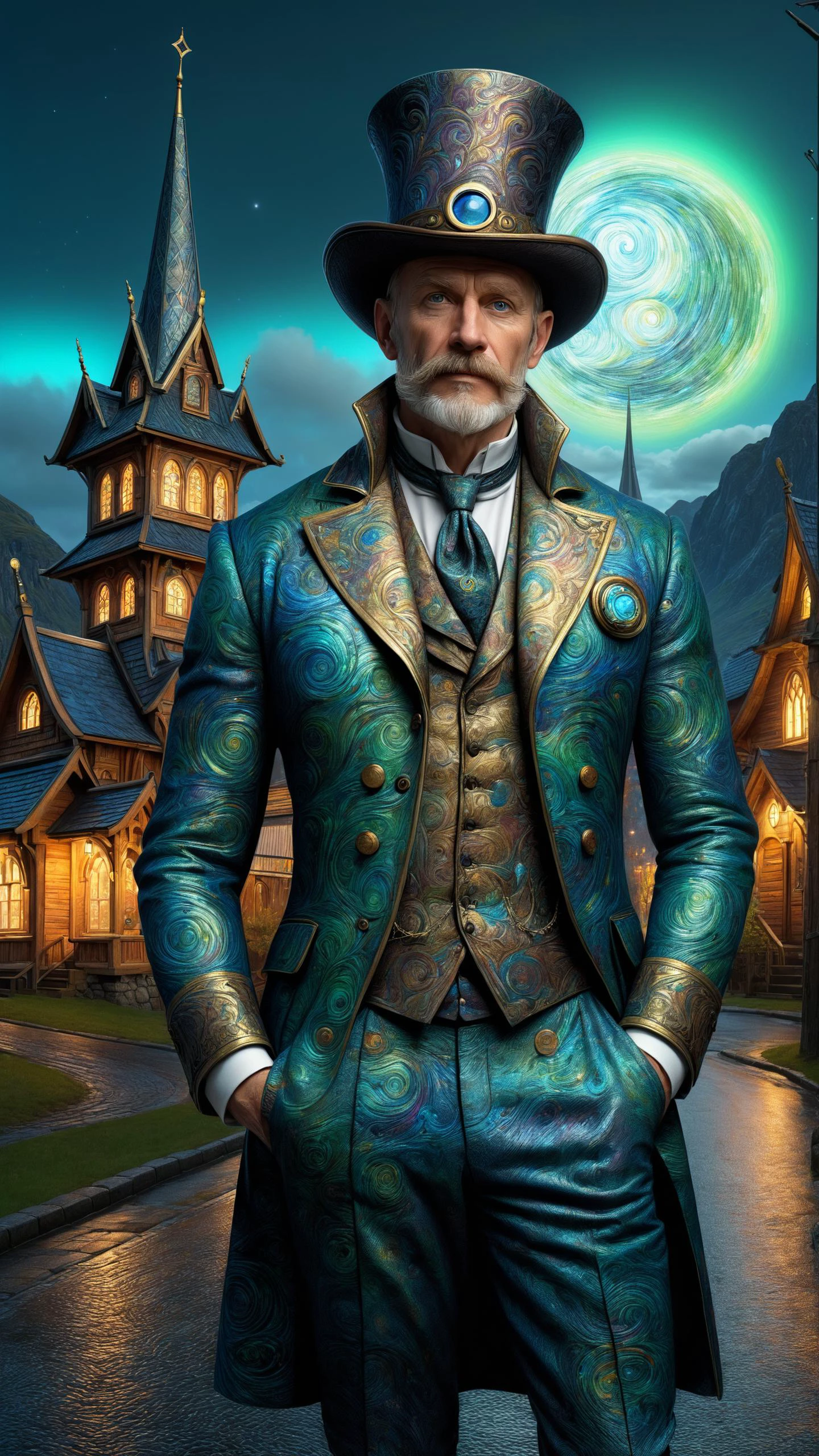 Top-hatted gentleman with monocle wearing a mad-vangoghian outrageous fashion outfit, in the background A Norwegian stave church nestled in a fjord, its spires reaching towards the northern lights in the night sky , beautiful volumetric lighting style atmosphere, intricate, ultra detailed, photorealistic, trending on artstation, 4k, 8k <lora:Colorful_VanGoghian_SDXL:0.8><lora:EnvyCreativeOutfitXL01:0.8> <lora:outrageous_fashion:0.8>