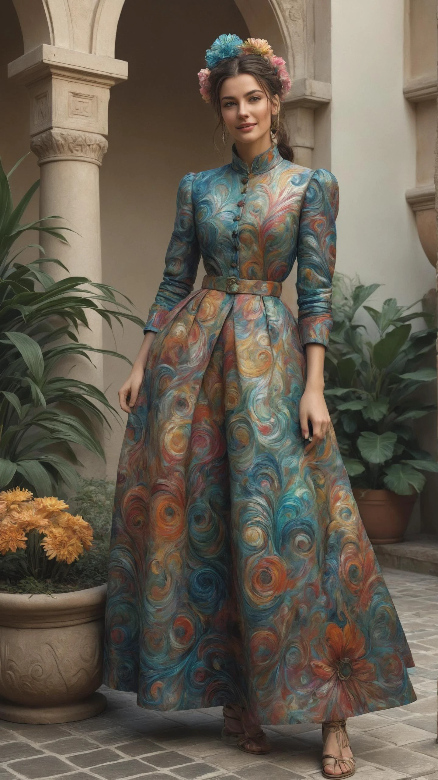 Gardener tending Victorian flowerbed wearing a <lora:Colorful_VanGoghian_SDXL:0.8> mad-vangoghian outrageous fashion outfit, (Winking playfully, cheeky expression), in the background A Moroccan riad with a central courtyard, where a bubbling fountain provides a soothing soundtrack<lora:EnvyCreativeOutfitXL01:0.8> <lora:outrageous_fashion:0.8>, <lora:gorgoeus_splash_of_vibrant_paint:0.8> Gorgeous splash of vibrant paint,