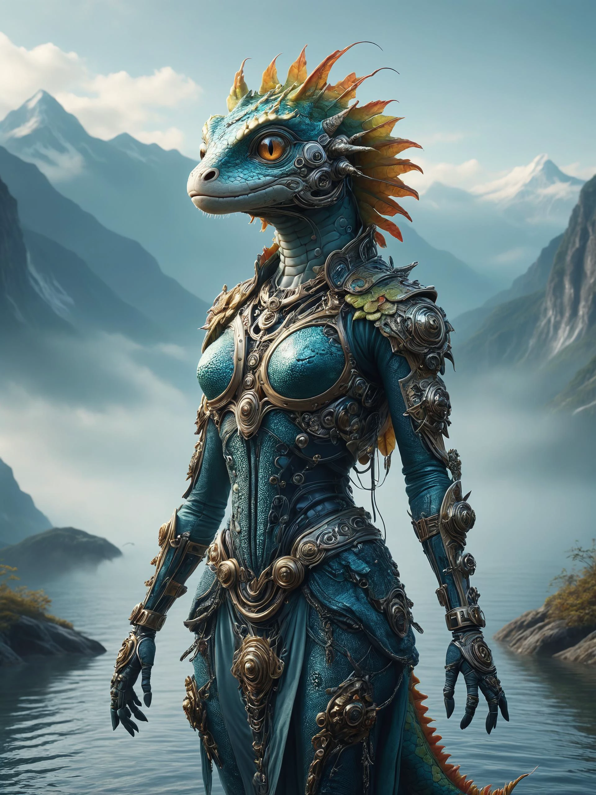 ais-rbts anthro Gecko wearing an outrageous fashion outfit, Lake surrounded by misty mountains in the background,,,, anatomically correct, (symmetrical hands:1.77), dim volumetric lighting, 8k octane beautifully detailed render, post-processing, extremely hyperdetailed, intricate, epic composition, grim yet sparkling atmosphere, cinematic lighting + masterpiece, trending on artstation, very detailed, vibrant colors, Art Nouveau, masterpiece, romanticism<lora:RBTS_STYLE:0.6> <lora:outrageous_fashion:0.6> <lora:xl_more_art-full_v1:0.4> <lora:MJ52:0.3> <lora:EnvyCreativeOutfitXL01:0.6> <lora:EnvyDynamicPoseXL01:0.7>