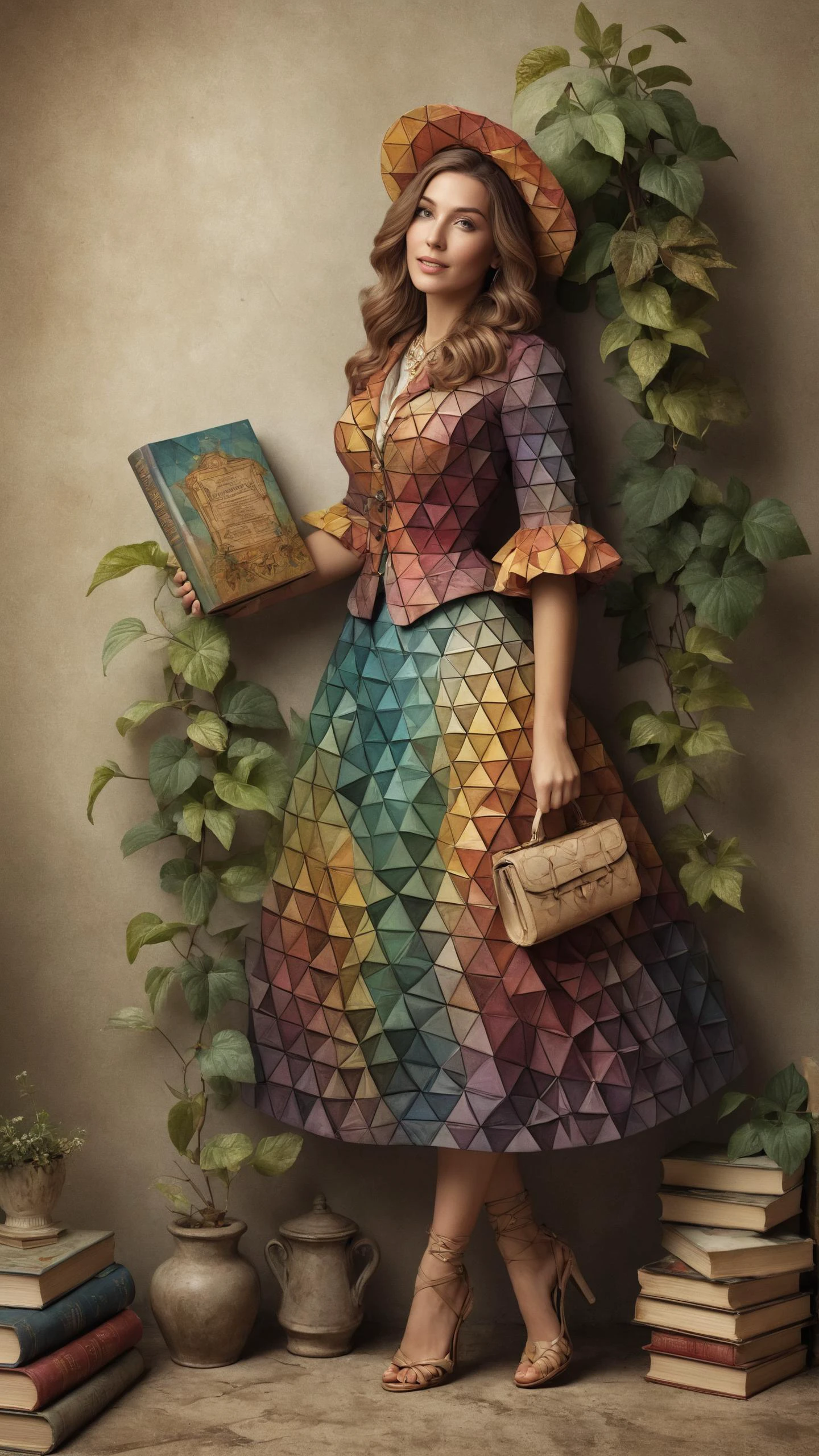 Victorian librarian with stacked books wearing a <lora:Colorful_Triangles_SDXL:0.8> mad-triangles outrageous fashion outfit, (Kicking up heels, carefree playfulness), in the background A vine-covered cottage in the heart of a Tuscan vineyard, where rows of grapevines stretch as far as the eye can see, and a warm breeze carries the scent of ripening fruit<lora:EnvyCreativeOutfitXL01:0.8> <lora:outrageous_fashion:0.8>, <lora:gorgoeus_splash_of_vibrant_paint:0.8> Gorgeous splash of vibrant paint,