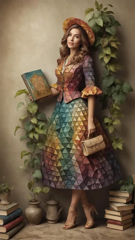 Victorian librarian with stacked books wearing a <lora:Colorful_Triangles_SDXL:0.8> mad-triangles outrageous fashion outfit, (Kicking up heels, carefree playfulness), in the background A vine-covered cottage in the heart of a Tuscan vineyard, where rows of grapevines stretch as far as the eye can see, and a warm breeze carries the scent of ripening fruit<lora:EnvyCreativeOutfitXL01:0.8> <lora:outrageous_fashion:0.8>,  <lora:gorgoeus_splash_of_vibrant_paint:0.8> Gorgeous splash of vibrant paint,