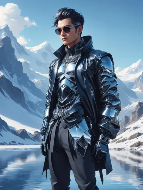 ais-rbts Man wearing an outrageous fashion outfit, Tranquil lake reflecting snowy peaks in the background,,,,  elegant, ultra detailed, digital painting, smooth, sharp focus, artstation, pixiv, art by Ilya Kuvshinov<lora:RBTS_STYLE:0.6> <lora:outrageous_fashion:0.6> <lora:xl_more_art-full_v1:0.4> <lora:MJ52:0.3> <lora:EnvyCreativeOutfitXL01:0.6>  <lora:EnvyDynamicPoseXL01:0.7>