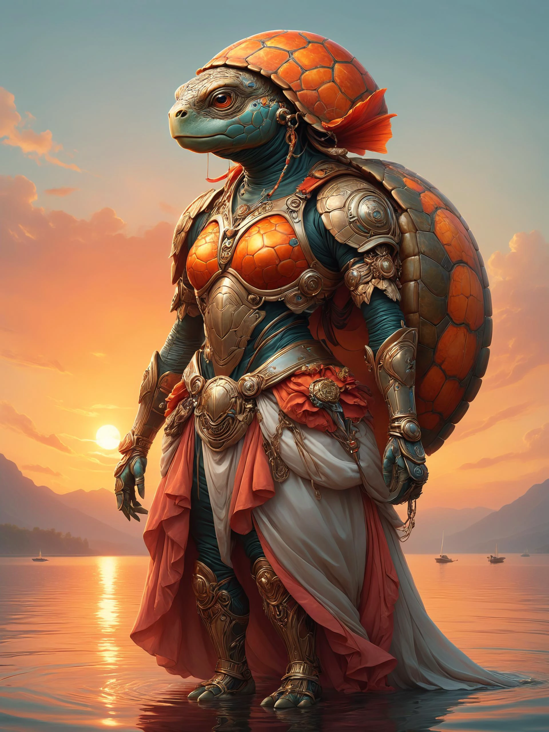 ais-rbts anthro Turtle wearing an outrageous fashion outfit, Fiery sunset over calm lake in the background,,,, intricate, elegant, highly detailed, digital painting, artstation, concept art, smooth, sharp focus, illustration, art by artgerm and greg rutkowski and alphonse mucha and william-adolphe bouguereau<lora:RBTS_STYLE:0.6> <lora:outrageous_fashion:0.6> <lora:xl_more_art-full_v1:0.4> <lora:MJ52:0.3> <lora:EnvyCreativeOutfitXL01:0.6> <lora:EnvyDynamicPoseXL01:0.7>