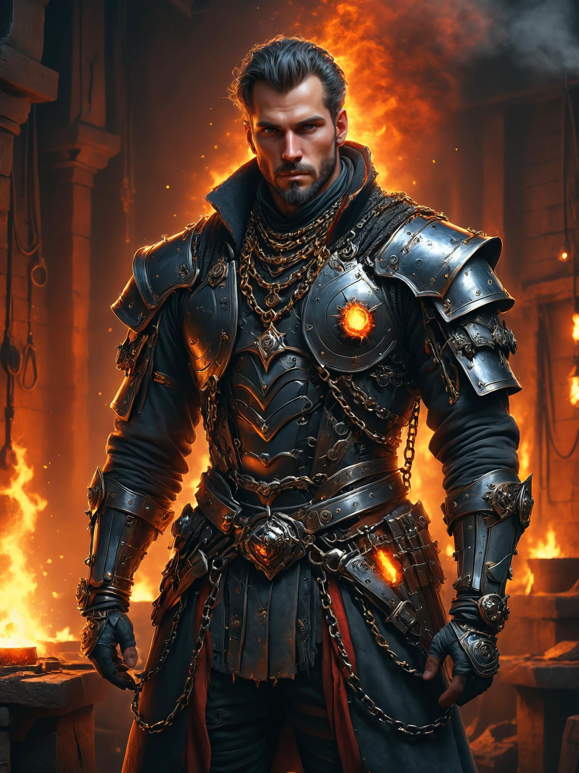 ais-rbts Man wearing an outrageous fashion outfit, Medieval blacksmith's forge with glowing embers in the background,,,, intricate, elegant, highly detailed, digital painting, artstation, concept art, addiction, chains, smooth, sharp focus, illustration, art by Ilja Repin, octane render, RPG_portrait<lora:RBTS_STYLE:0.6> <lora:outrageous_fashion:0.6> <lora:xl_more_art-full_v1:0.4> <lora:MJ52:0.3> <lora:EnvyCreativeOutfitXL01:0.6> <lora:EnvyDynamicPoseXL01:0.7>