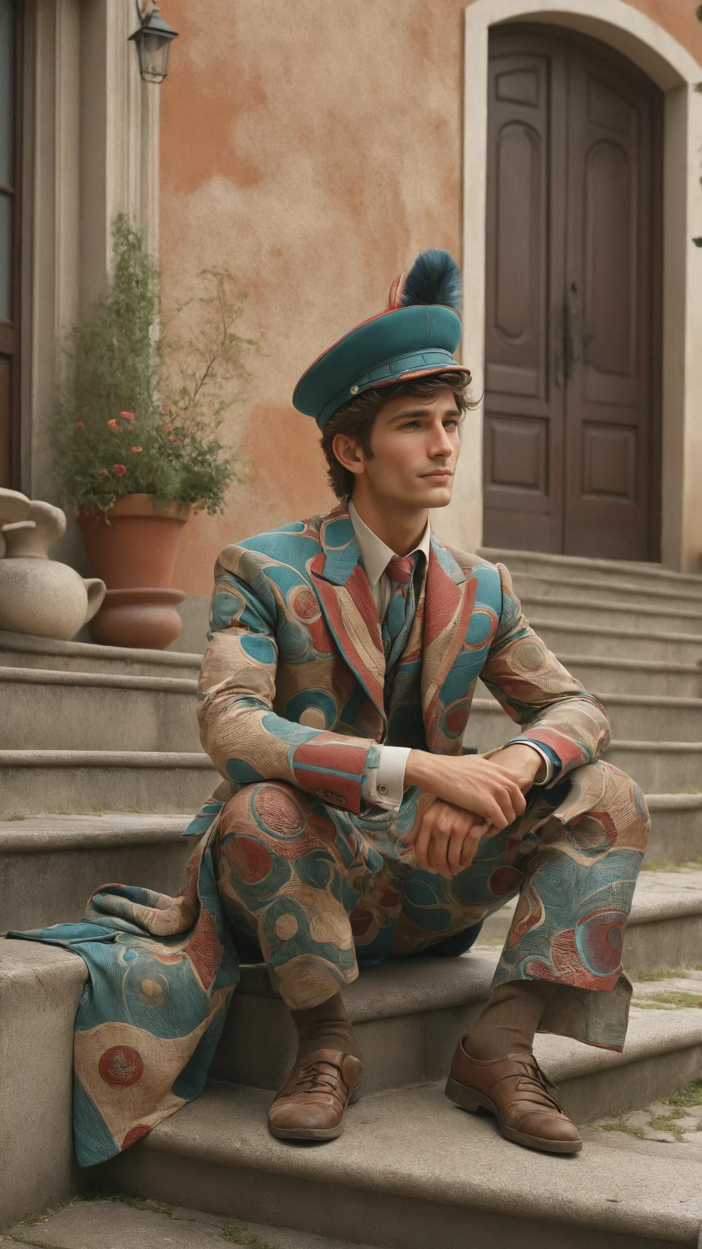 Newsboy selling papers on street wearing a <lora:Colorful_Circles_SDXL:1> mad-circle outrageous fashion outfit, (Sitting gracefully on steps), in the background An Italian villa on a hill, where terracotta rooftops overlook rolling vineyards<lora:EnvyCreativeOutfitXL01:0.8> <lora:outrageous_fashion:0.8>, <lora:gorgoeus_splash_of_vibrant_paint:0.8> Gorgeous splash of vibrant paint,