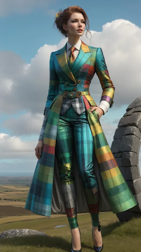 Butler in impeccable formal attire wearing a mad_colorful_checkers outrageous fashion outfit, in the background An Irish stone circle on a windswept moor, where the whispers of ancient druids linger , polarized light realistic, sharp focus, 8k high definition, insanely detailed, intricate, elegant, art by stanley lau and artgerm <lora:Colorful_Checker_SDXL:0.8><lora:EnvyCreativeOutfitXL01:0.8> <lora:outrageous_fashion:0.8>