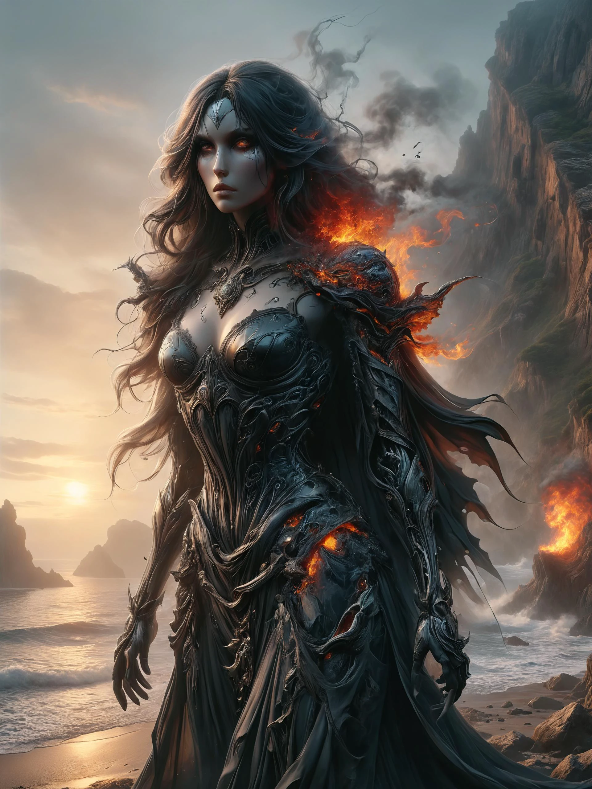 ais-rbts dementor wearing an outrageous fashion outfit, Rocky coastline with arching formations in the background,,,, smoke and fire, intricate, elegant, highly detailed, extremely detailed, digital painting, artstation, concept art, matte, smooth, sharp focus, hyper realistic, illustration, art by Artgerm and Greg Rutkowski and Alphonse Mucha<lora:RBTS_STYLE:0.6> <lora:ral-mythcr:0.7> <lora:outrageous_fashion:0.6> <lora:xl_more_art-full_v1:0.4> <lora:MJ52:0.3> <lora:EnvyCreativeOutfitXL01:0.6> <lora:EnvyDynamicPoseXL01:0.7>