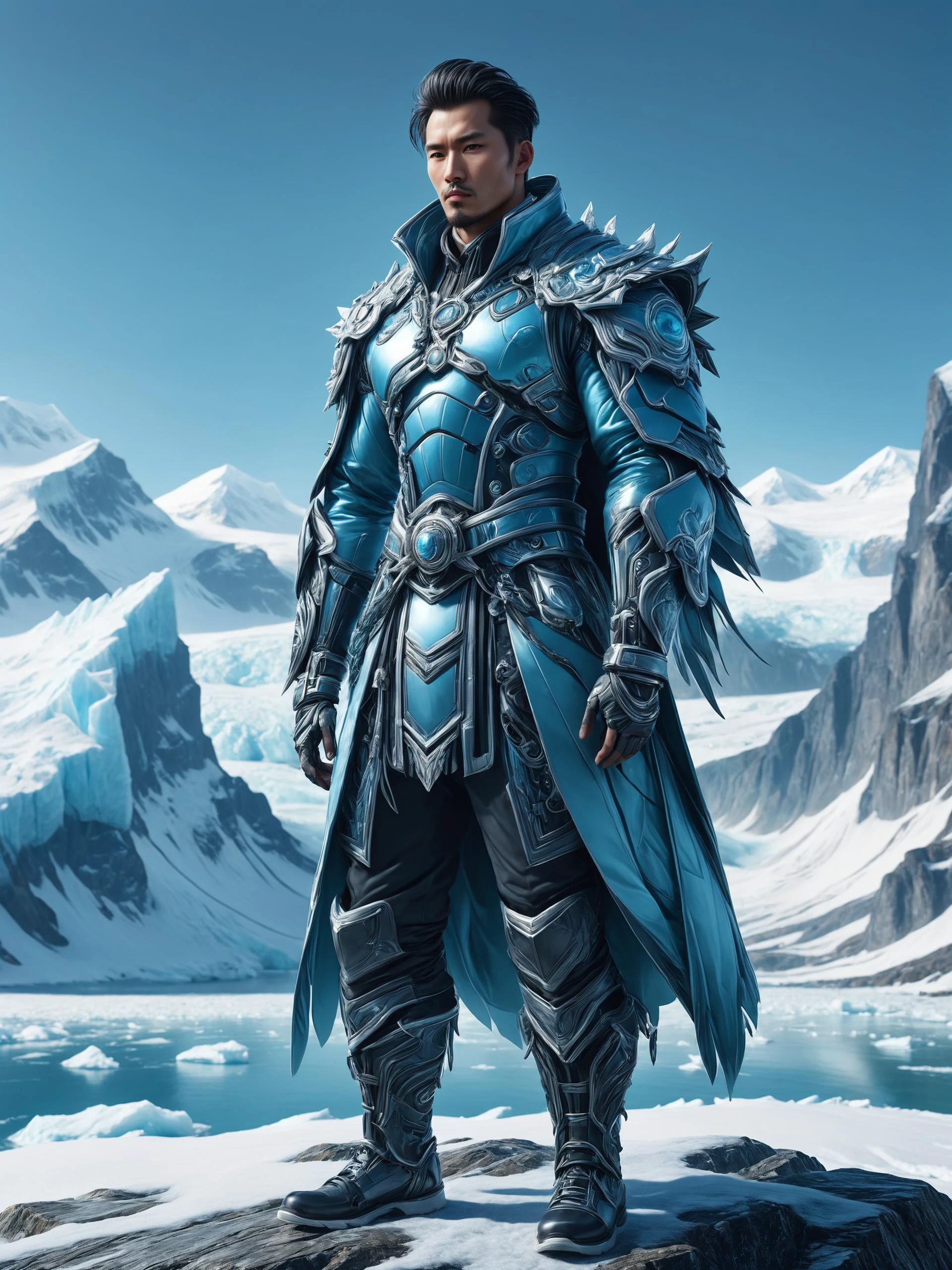 ais-rbts Man wearing an outrageous fashion outfit, Glacial fjord with towering icebergs in the background,,,, subtle oriental features, medium shot, mid-shot, highly detailed, trending on artstation, Unreal Engine 4k, cinematic wallpaper by Stanley Artgerm Lau, WLOP, Rossdraws, James Jean, Andrei Riabovitchev, Marc Simonetti, and Sakimichan<lora:RBTS_STYLE:0.6> <lora:outrageous_fashion:0.6> <lora:xl_more_art-full_v1:0.4> <lora:MJ52:0.3> <lora:EnvyCreativeOutfitXL01:0.6> <lora:EnvyDynamicPoseXL01:0.7>