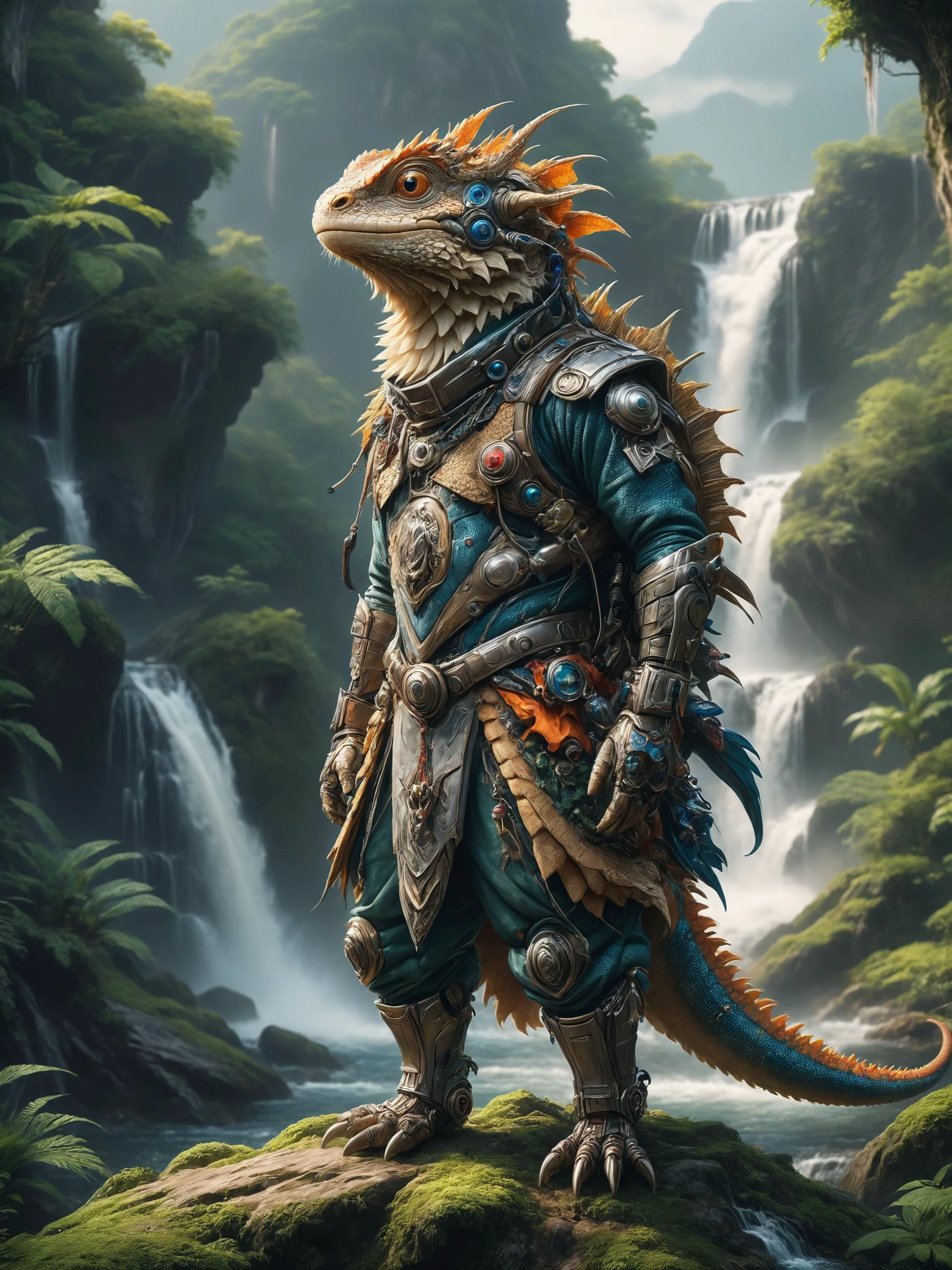 ais-rbts anthro Bearded Dragon wearing an outrageous fashion outfit, Hidden waterfall in deep mountain forest in the background,,,, photorealistic, 35mm, f/1.8, ISO 200, 1/160s, natural light, Adobe Lightroom, photolab, Affinity Photo, PhotoDirector 365, trending on Artstation, award-winning, art by Chris Moore, by Studio Ghibli<lora:RBTS_STYLE:0.6> <lora:outrageous_fashion:0.6> <lora:xl_more_art-full_v1:0.4> <lora:MJ52:0.3> <lora:EnvyCreativeOutfitXL01:0.6> <lora:EnvyDynamicPoseXL01:0.7>