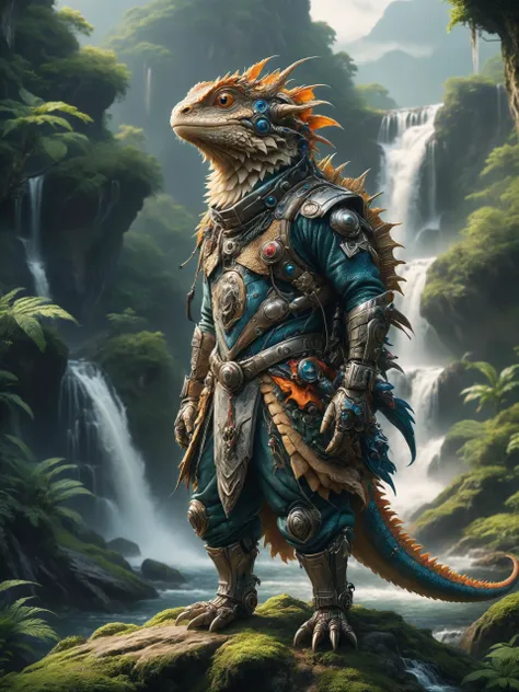 ais-rbts anthro Bearded Dragon wearing an outrageous fashion outfit, Hidden waterfall in deep mountain forest in the background,,,,  photorealistic, 35mm, f/1.8, ISO 200, 1/160s, natural light, Adobe Lightroom, photolab, Affinity Photo, PhotoDirector 365, trending on Artstation, award-winning, art by Chris Moore, by Studio Ghibli<lora:RBTS_STYLE:0.6> <lora:outrageous_fashion:0.6> <lora:xl_more_art-full_v1:0.4> <lora:MJ52:0.3> <lora:EnvyCreativeOutfitXL01:0.6>  <lora:EnvyDynamicPoseXL01:0.7>