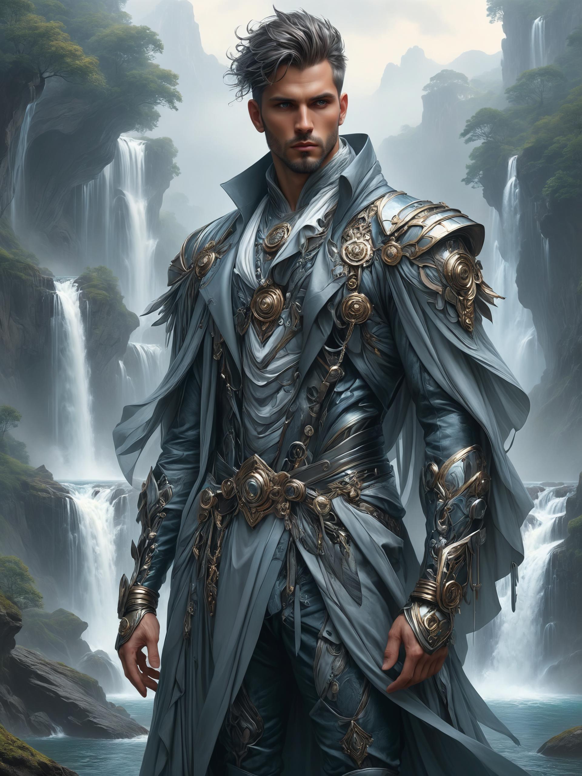 A man in a gray outfit standing in front of a waterfall - SeaArt AI