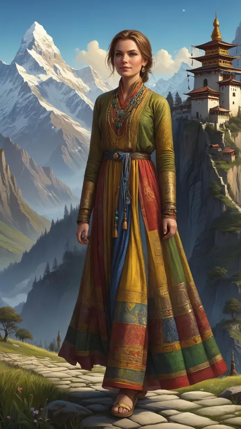 Governess taking children for stroll wearing a mad-tilestyle outrageous fashion outfit, in the background A cliffside monastery in the Himalayas, where monks meditate amidst fluttering prayer flags , candle light gorgeous view, depth, painted by seb mckinnon, high detail, digital art, painted by greg rutkowski, trending on artstation <lora:Colorful_Tile_Style_SDXL:1><lora:EnvyCreativeOutfitXL01:0.8> <lora:outrageous_fashion:0.8>