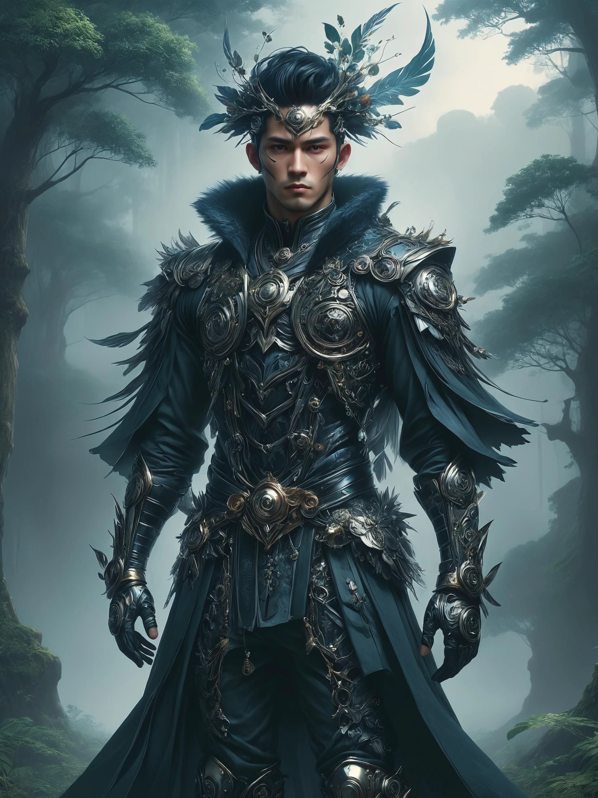 ais-rbts Man wearing an outrageous fashion outfit, Enchanted forest with mystical atmosphere in the background,,,, subtle detailing, 8k, character concept art, by WLOP, by Ross Draws, by Tomine, by Satoshi Kon, by Rolf Armstrong, by Peter Andrew Jones<lora:RBTS_STYLE:0.6> <lora:outrageous_fashion:0.6> <lora:xl_more_art-full_v1:0.4> <lora:MJ52:0.3> <lora:EnvyCreativeOutfitXL01:0.6> <lora:EnvyDynamicPoseXL01:0.7>