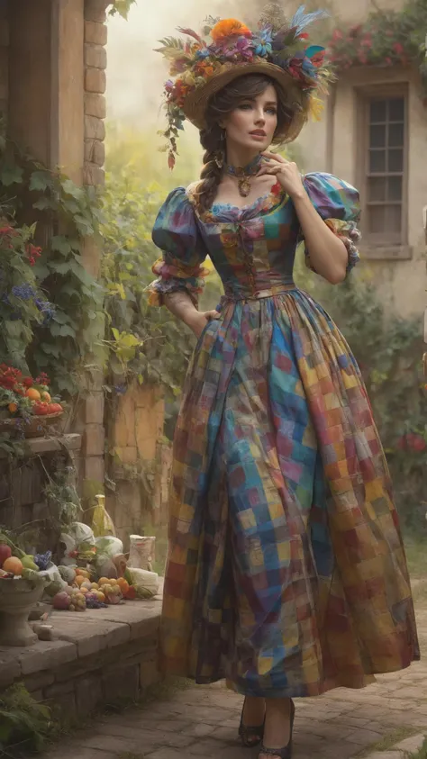 Nurse in Victorian hospital attire wearing a <lora:Colorful_Checker_SDXL:0.8> mad_colorful_checkers outrageous fashion outfit, (Looking at a watch, anticipation), in the background A vine-covered cottage in the heart of a Tuscan vineyard, where rows of grapevines stretch as far as the eye can see, and a warm breeze carries the scent of ripening fruit<lora:EnvyCreativeOutfitXL01:0.8> <lora:outrageous_fashion:0.8>,  <lora:gorgoeus_splash_of_vibrant_paint:0.8> Gorgeous splash of vibrant paint,