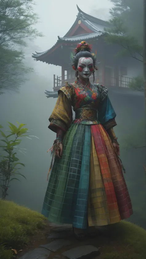 Twisted form emerging from sinister fog wearing a mad_colorful_checkers outrageous fashion outfit, in the background A hilltop Japanese tea house in a bamboo forest, where the rustle of leaves creates a serene ambiance , ambient lighting detailed face, 4k, hd, clean, full of details, trending on artstation <lora:Colorful_Checker_SDXL:0.8><lora:EnvyCreativeOutfitXL01:0.8> <lora:outrageous_fashion:0.8>