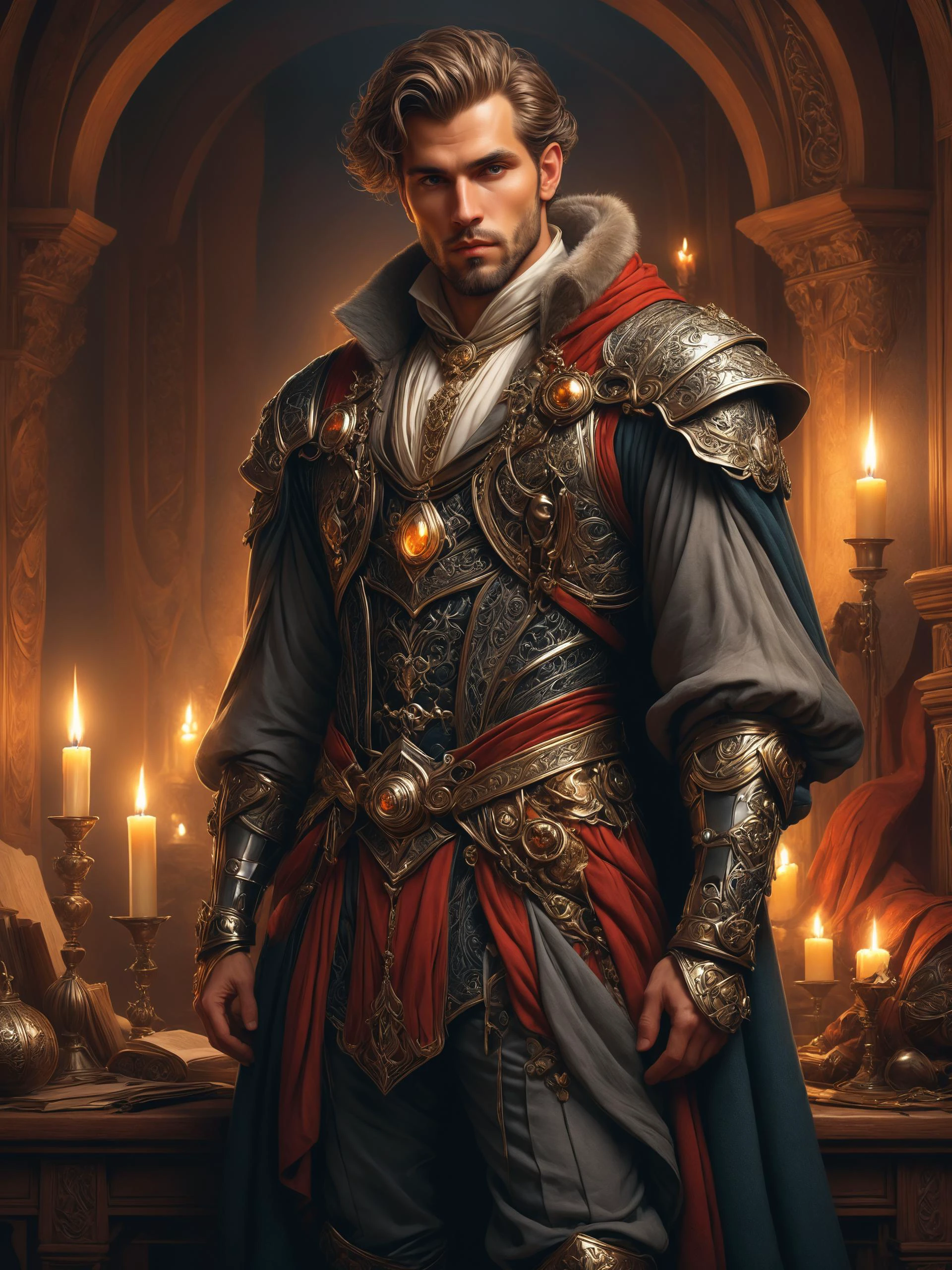 ais-rbts Man wearing an outrageous fashion outfit, Cozy medieval study with candlelight in the background,,,, elegant, intricate, highly detailed, digital painting, artstation, concept art, smooth, sharp focus, illustration, art by artgerm and greg rutkowski and alphonse mucha H 1024 W 832<lora:RBTS_STYLE:0.6> <lora:outrageous_fashion:0.6> <lora:xl_more_art-full_v1:0.4> <lora:MJ52:0.3> <lora:EnvyCreativeOutfitXL01:0.6> <lora:EnvyDynamicPoseXL01:0.7>