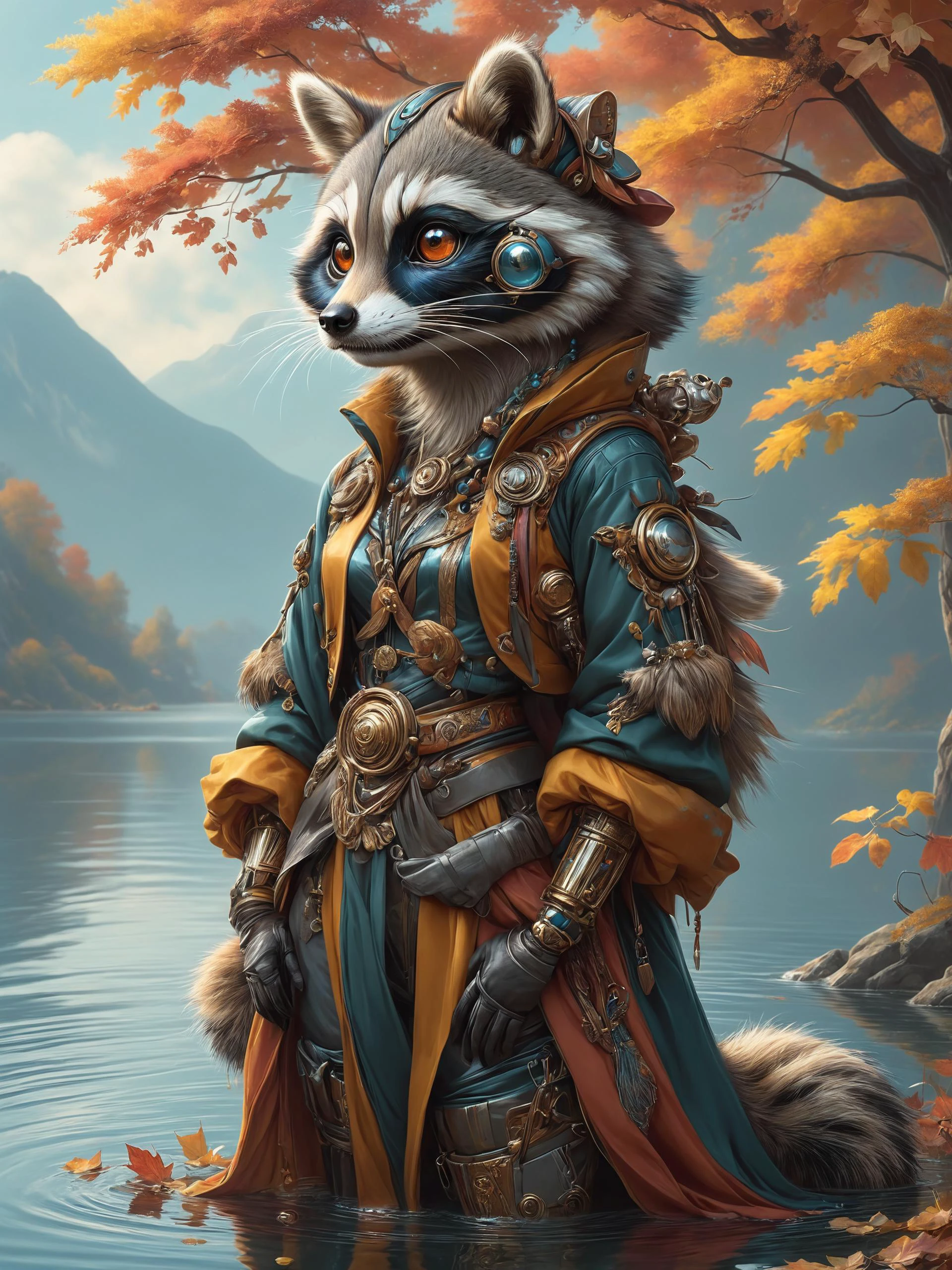 ais-rbts anthro Raccoon wearing an outrageous fashion outfit, Tranquil lake reflecting autumn colors in the background,,,, elegant, highly detailed, digital painting, artstation, concept art, smooth, sharp focus, illustration, art by artgerm and greg rutkowski and alphonse mucha<lora:RBTS_STYLE:0.6> <lora:outrageous_fashion:0.6> <lora:xl_more_art-full_v1:0.4> <lora:MJ52:0.3> <lora:EnvyCreativeOutfitXL01:0.6> <lora:EnvyDynamicPoseXL01:0.7>