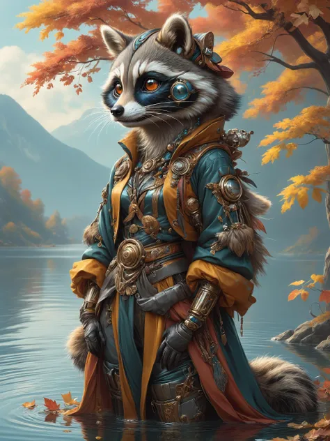 ais-rbts anthro Raccoon wearing an outrageous fashion outfit, Tranquil lake reflecting autumn colors in the background,,,,  elegant, highly detailed, digital painting, artstation, concept art, smooth, sharp focus, illustration, art by artgerm and greg rutkowski and alphonse mucha<lora:RBTS_STYLE:0.6> <lora:outrageous_fashion:0.6> <lora:xl_more_art-full_v1:0.4> <lora:MJ52:0.3> <lora:EnvyCreativeOutfitXL01:0.6>  <lora:EnvyDynamicPoseXL01:0.7>